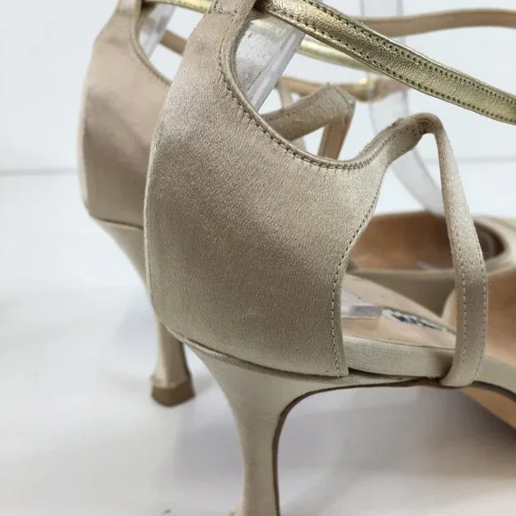 Manolo Blahnik Golden Cap Toe Ankle Strap Pumps Size 37.5